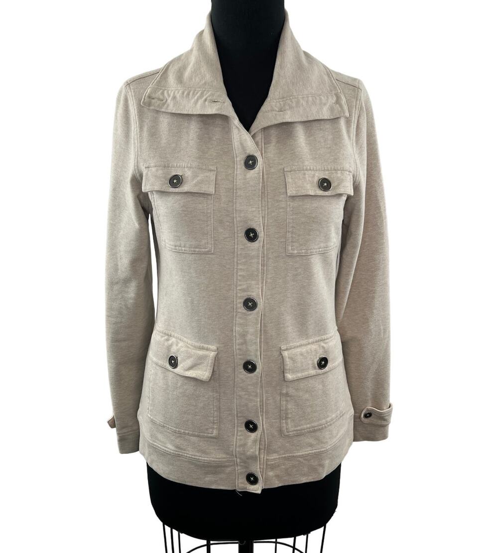 LUCY Active Beige Top Cotton Fleece Shacket Multi Pockets Collared Size Small S